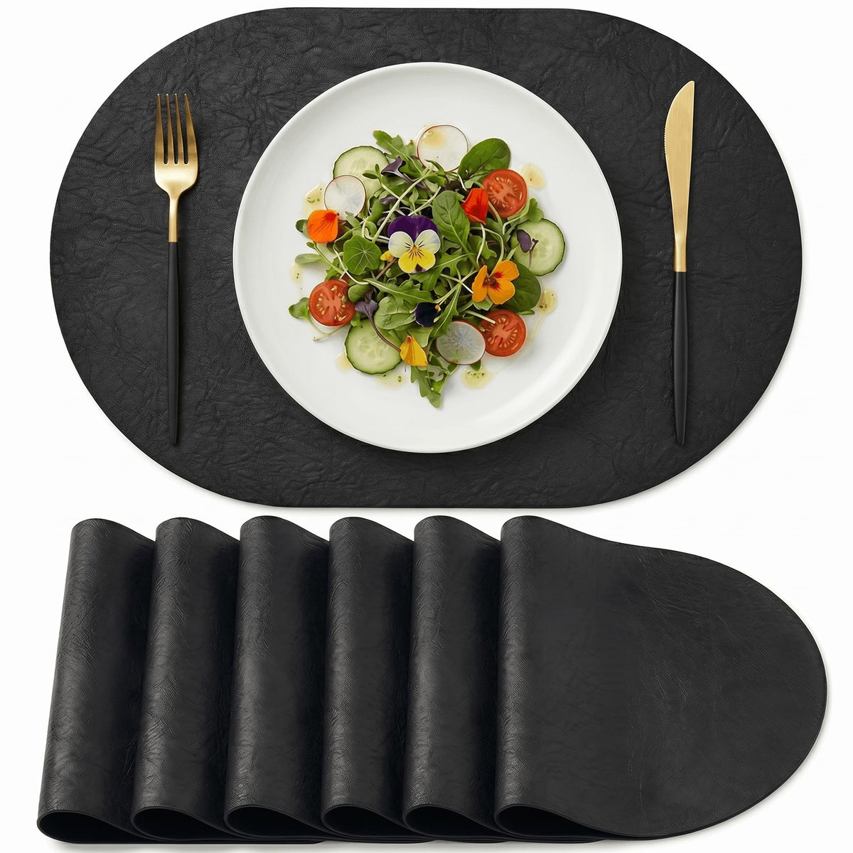Artoid Mode Black Faux Leather Oval Placemats Set of 6, 12 x 18 Inch Waterproof Wipeable Heat Resistant Vinyl Place Mats, Reversible Table Mats for Kitchen Dining Decor