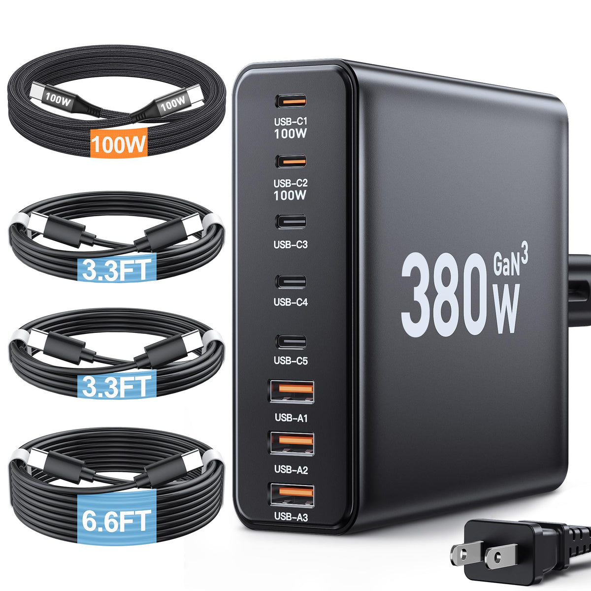 380W USB C Charger Block,with 4 USB Cables 8-Port USB C Charging Station Dual 100W Laptop Charger Fast Charger Type C Charging Block for MacBook Pro, Dell XPS, iPhone, iPad, Tablet (Bright Black)