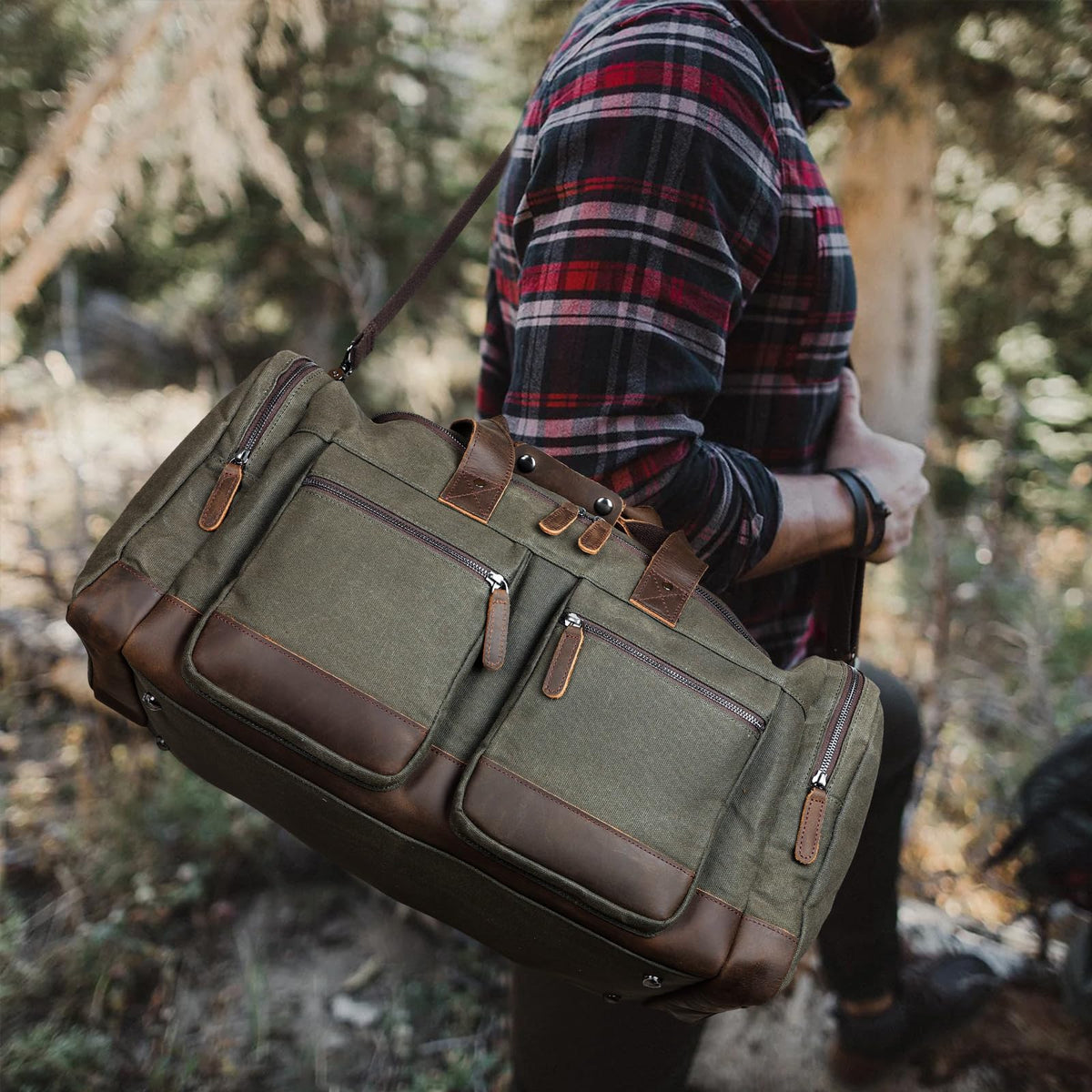 Polare 23” Waxed Canvas Cowhide Leather Waterproof Travel Duffel Bag Trim Luggage Weekender Overnight Carry on Hand Bag