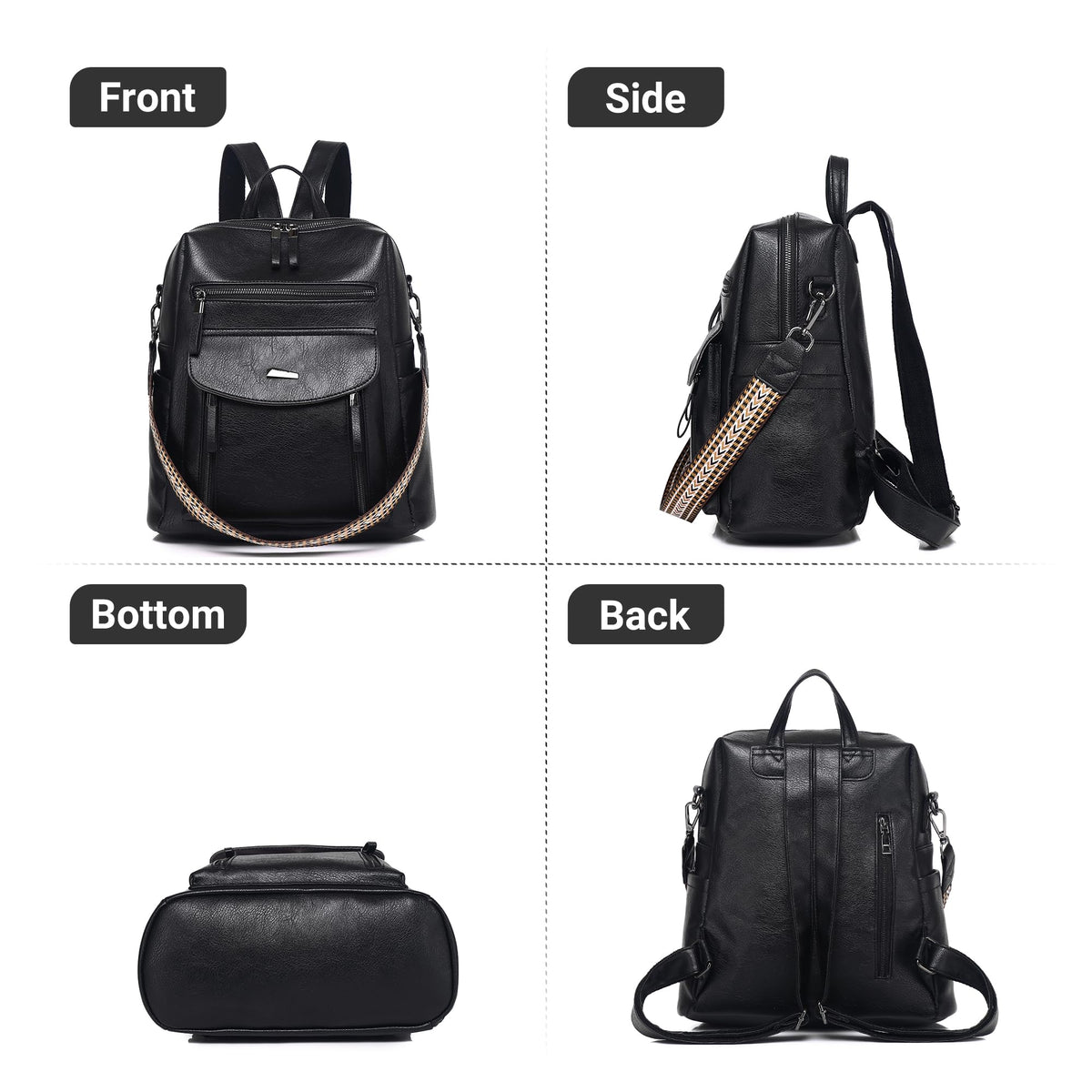 WYFJNX PU Leather Womens Backpack Purse Ladies Backpack Handbag Fashion Shoulder Bag Small Travel Bag Black