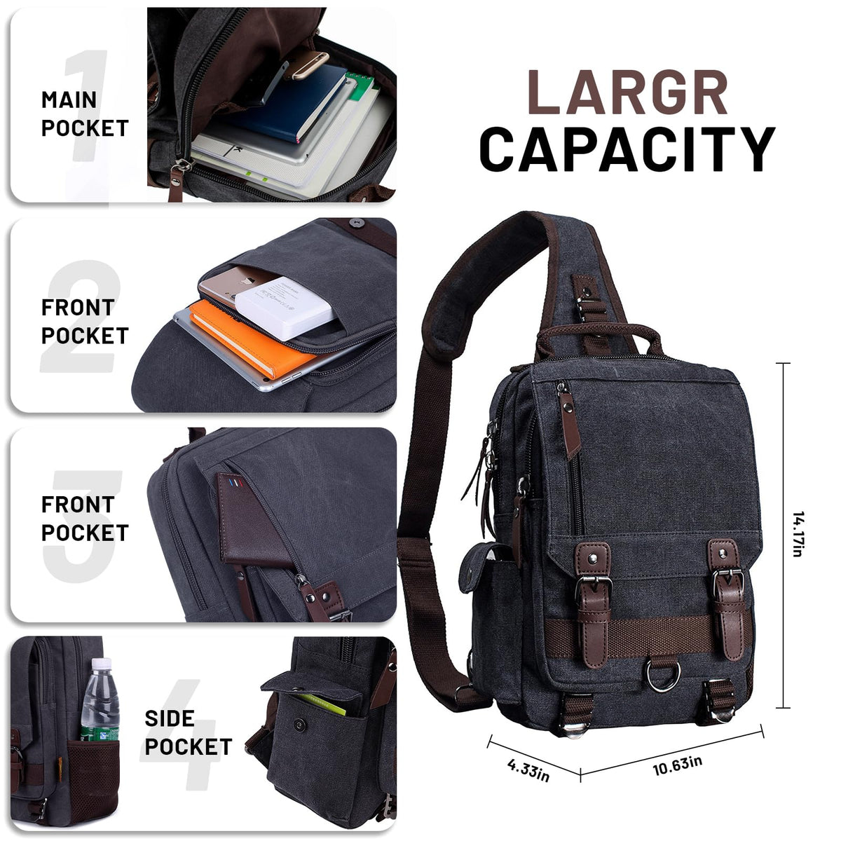 mygreen Crossbody Bag, Canvas Chest Leather Messenger Bag with One Strap Sling for Travel and Hiking (Large, Black)