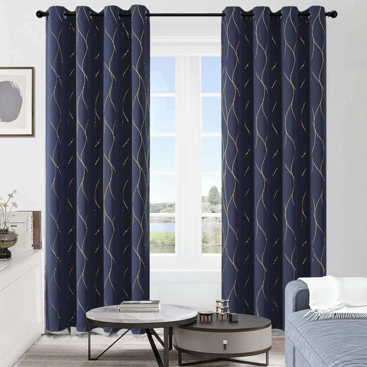 BUHUA Blackout Curtains 84 Inches Long, Gold Foil Print Wave Pattern Room Darkening Curtain, Living Room Curtains & Drapes, Thermal Insulated Window Panel Set, 52 x 84 Inch, Navy