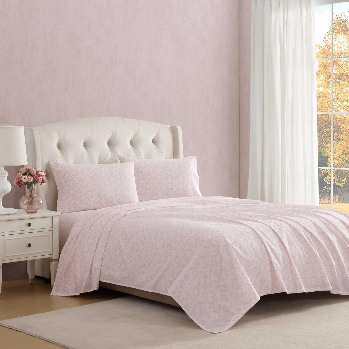 Laura Ashley - King Sheet Set, Crisp & Cool Cotton Percale Bedding with Deep Pockets, Lightweight for Year Round Comfort, Bed Sheets with Matching Pillowcases (Antoinette Pink)