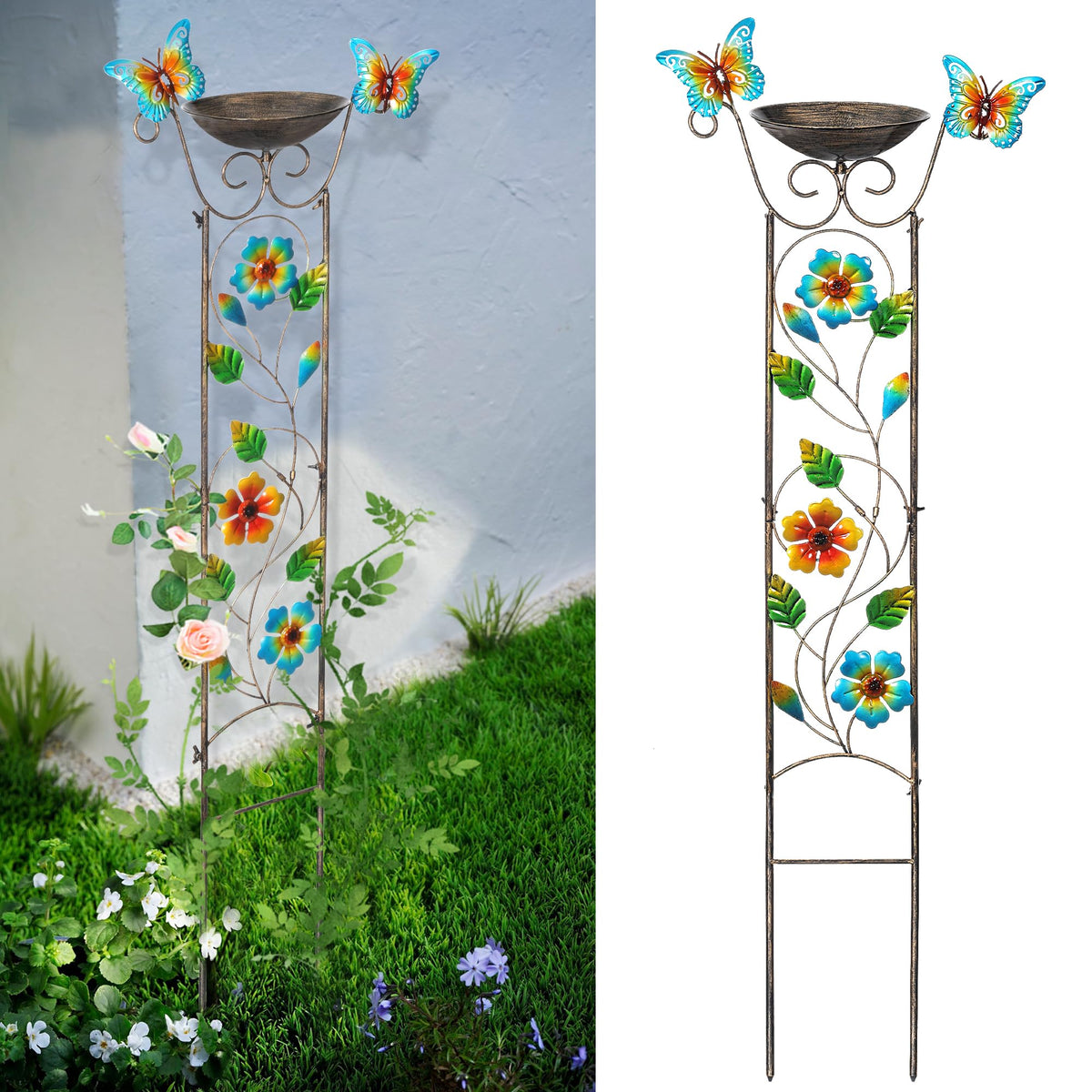 SUNNYPARK Bird Bath with Trellis Outdoor, Antique Garden Iron Plant Trellis with Decorative Floral-Butterflies Detachable Bird Bath Bowl Metal Potted Plants Support for Climbing Flowers