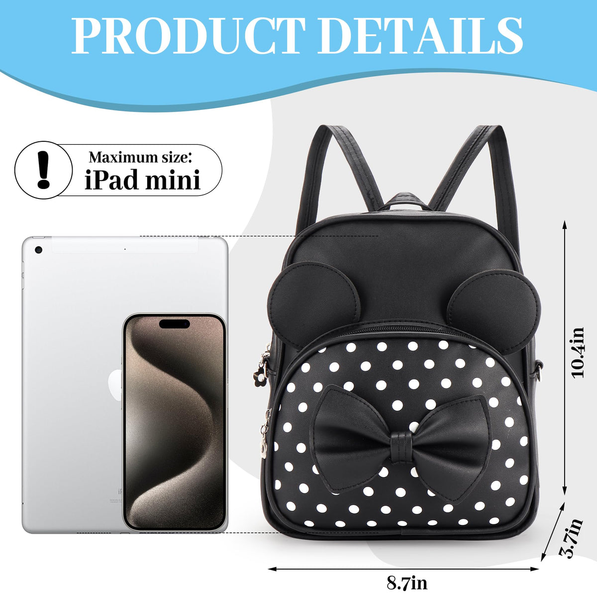 Coziyee Mini Backpack for Girls Women Cute Bowknot Polka Dot Small Mouse Backpack for Kid Toddler Purse Shoulder Bag Daypacks (Black)