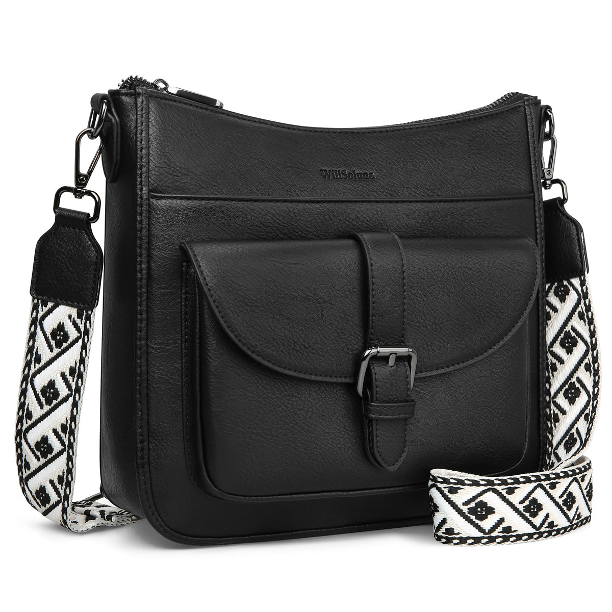 WILLSOLUNA Crossbody Bags for Women Leather Purses Medium Hobo Shoulder Handbags Anti Theft Travel Purse with Wide Strap(Black)