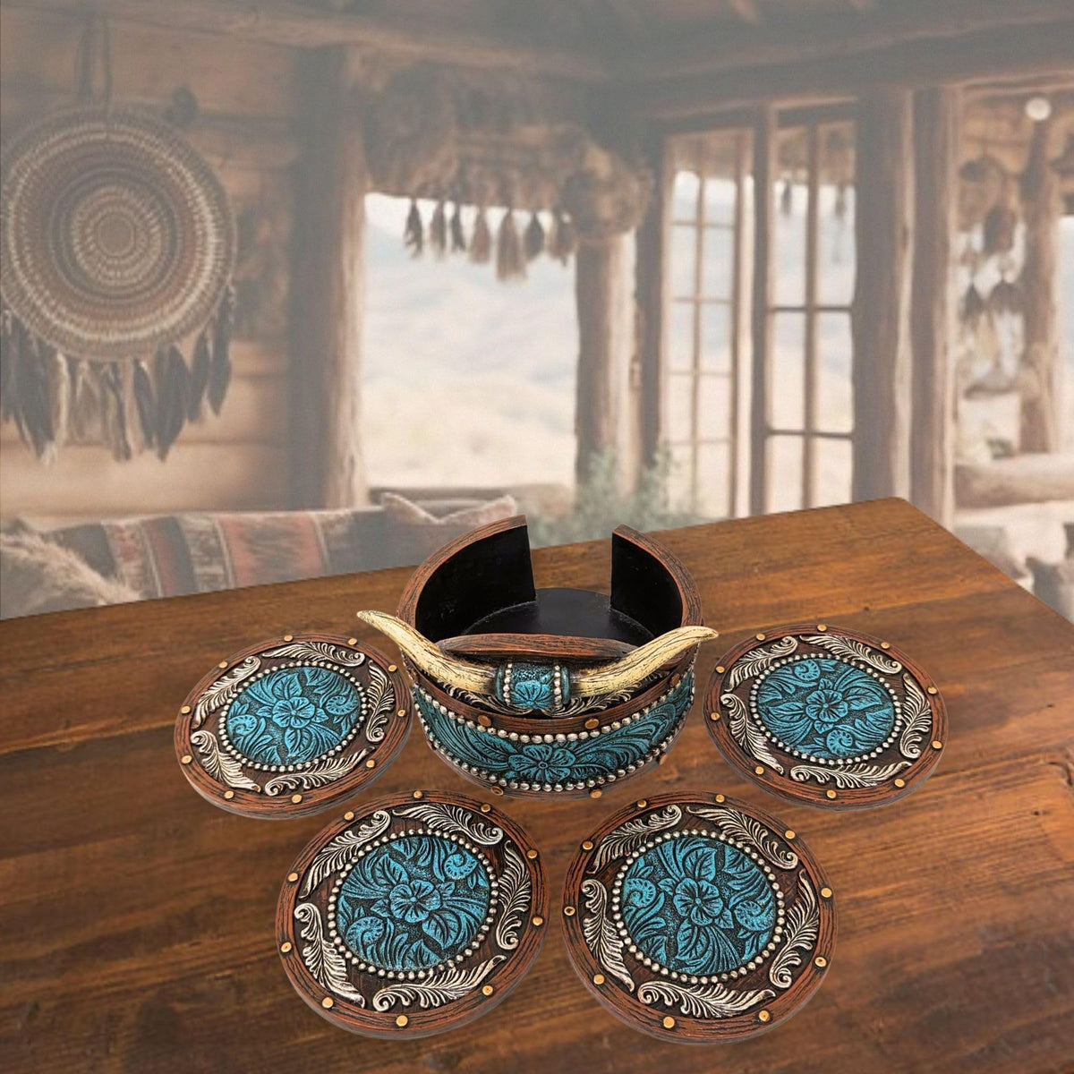 BestGiftEver Rustic Southwestern Coasters Set: Faux Horn & Tooled Leather-Inspired Western Home Decor, Lodge, Cabin - Unique Gift for Cowboy Ranch Theme Enthusiasts