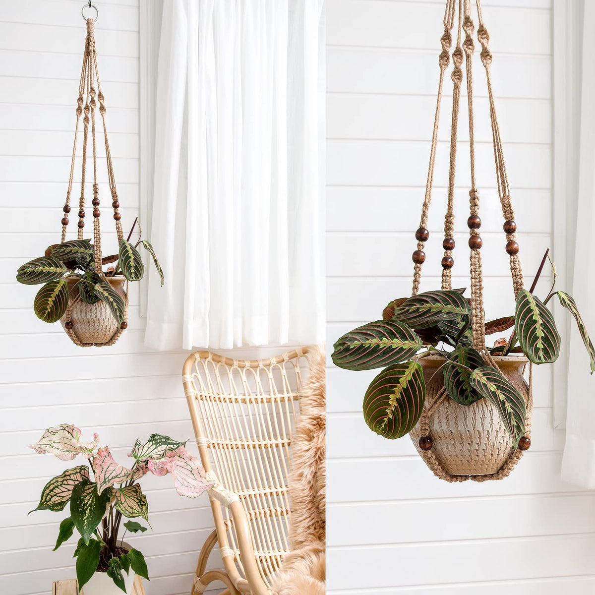 Mkono Brown Macrame Plant Hanger and Ceiling Hooks, Indoor Jute Hanging Planter Basket with Wood Beads Decorative