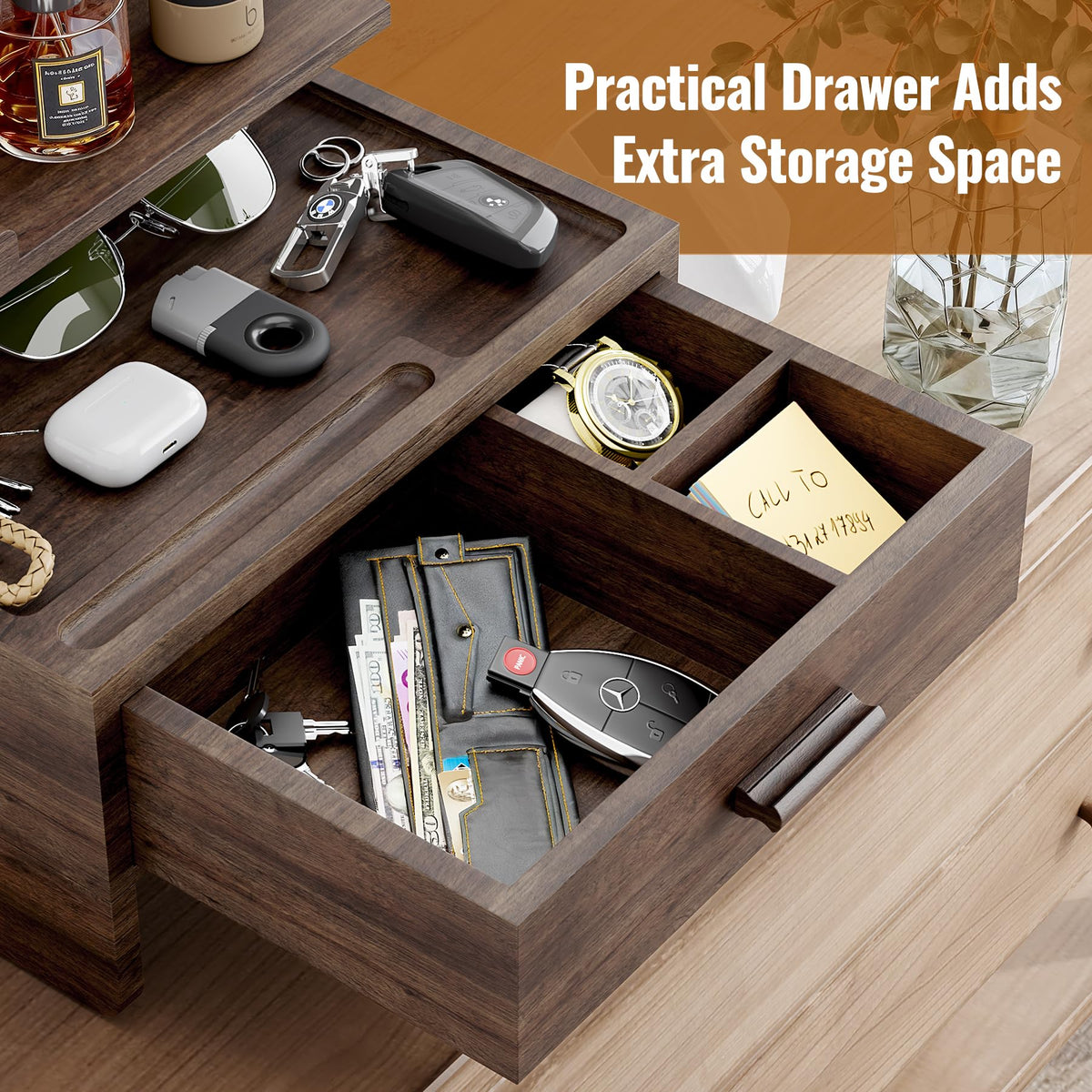 NiHome Wooden Nightstand Organizer for Men, Solid Wood Charging Dock for Smartphone, Smartwatch, Tablet, Wallet, Keys, Glasses, Accessories, Easy Assembly Stylish Design for Classic & Modern Interiors