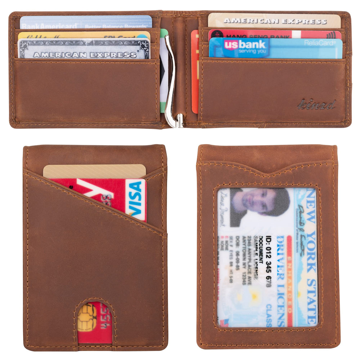 kinzd Slim Wallet with Money Clip RFID Blocking Minimalist Bifold Wallet for Men Genuine Leather Front Pocket Card Holder