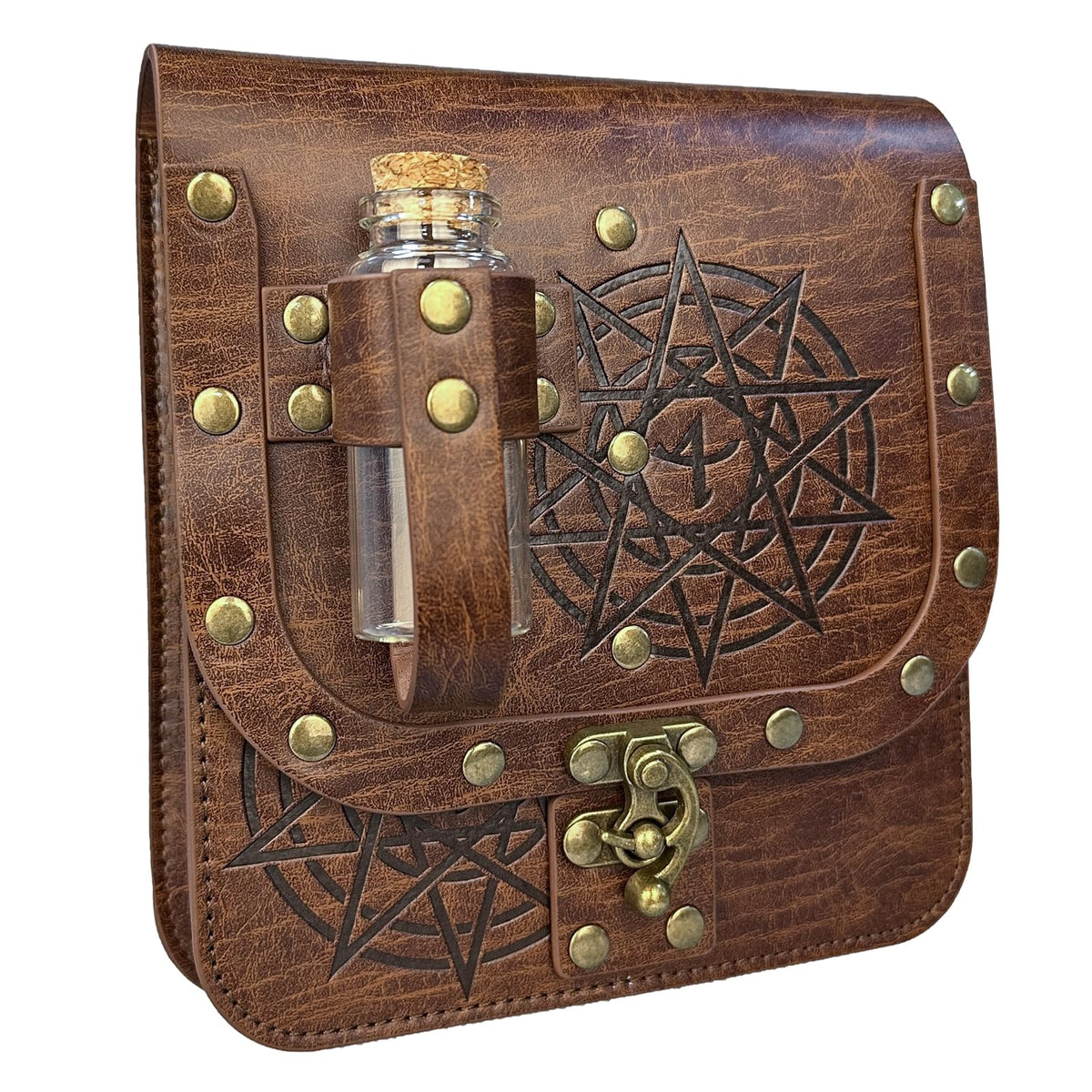 HiiFeuer Medieval Alchemy Faux Leather Belt Bag with Cork Potion Vials, Fantasy Wizard Waist Pouch Side Pack for Halloween (Light Brown C)