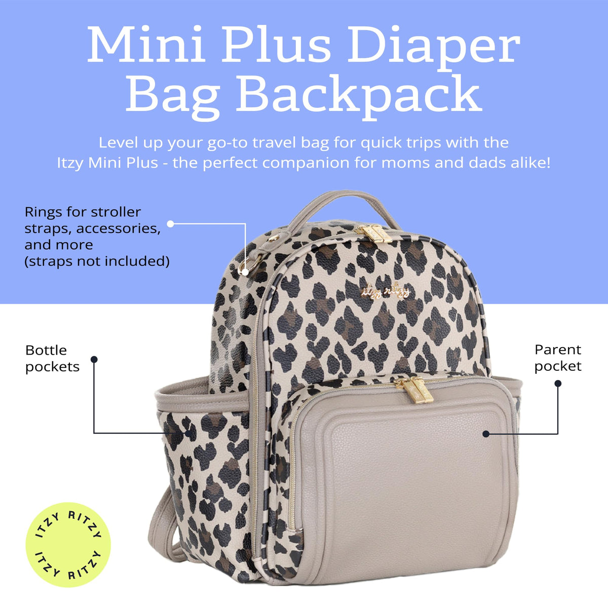 Itzy Ritzy Mini Diaper Bag Backpack – Chic, Compact Mini Plus Backpack with Changing Pad, 10 Pockets (6 Internal, 4 External), Grab-Top Handle & Rubber Feet (Leopard)