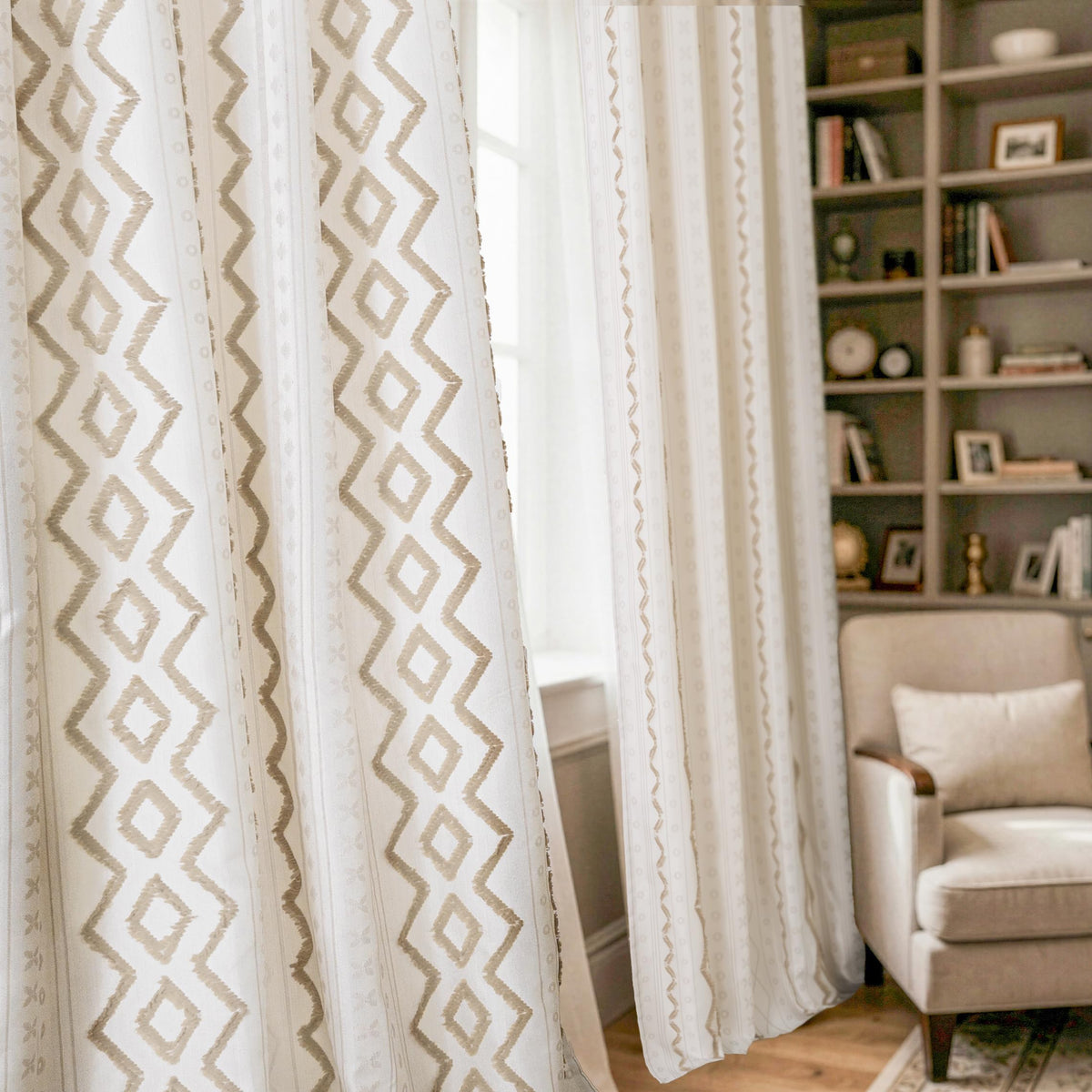 BGment Jacquard Boho Linen Curtains for Living Room 2 Panels, Botanical Tufted Pom Stripe Geometric Pattern Drapes for Farmhouse Bedroom Light Filtering, 52 X 84 Inch
