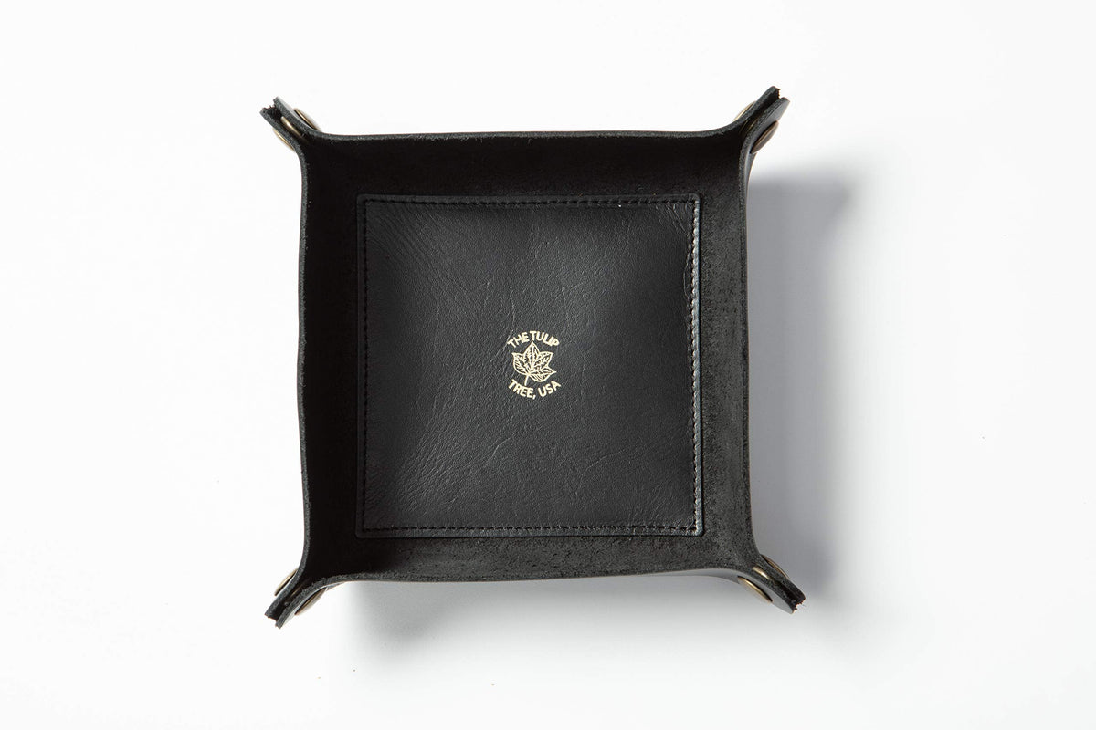 USA Handmade Premium Leather Valet Tray, Folds Flat! Dice Rolling Basket and Organizer with Brass Snaps - for Keys, Jewelry, Coin, EDC, Watch Storage Caddy - Black Medium