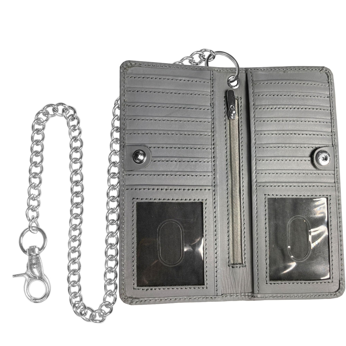 CLASSIC Motorcycle Chain Wallet for Men – Premium Cowhide Leather, RFID Bi-Fold Biker Wallet with Heavy Duty Chain for Bikers Truckers & Hunters, Credit Card Money Organizer Long Wallet Aniline Grey