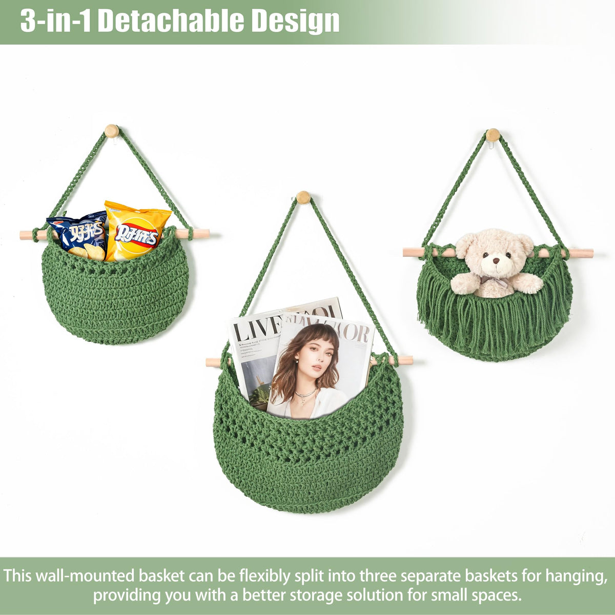 Halidali 3 Tier Hanging Fruit Baskets for Kitchen, Boho Cotton Rope Handwoven Vegetable Hammock Produce Storage Wall Mounted Large Organizing Basket for Farmhouse Decor, Onion, Potato (Green)