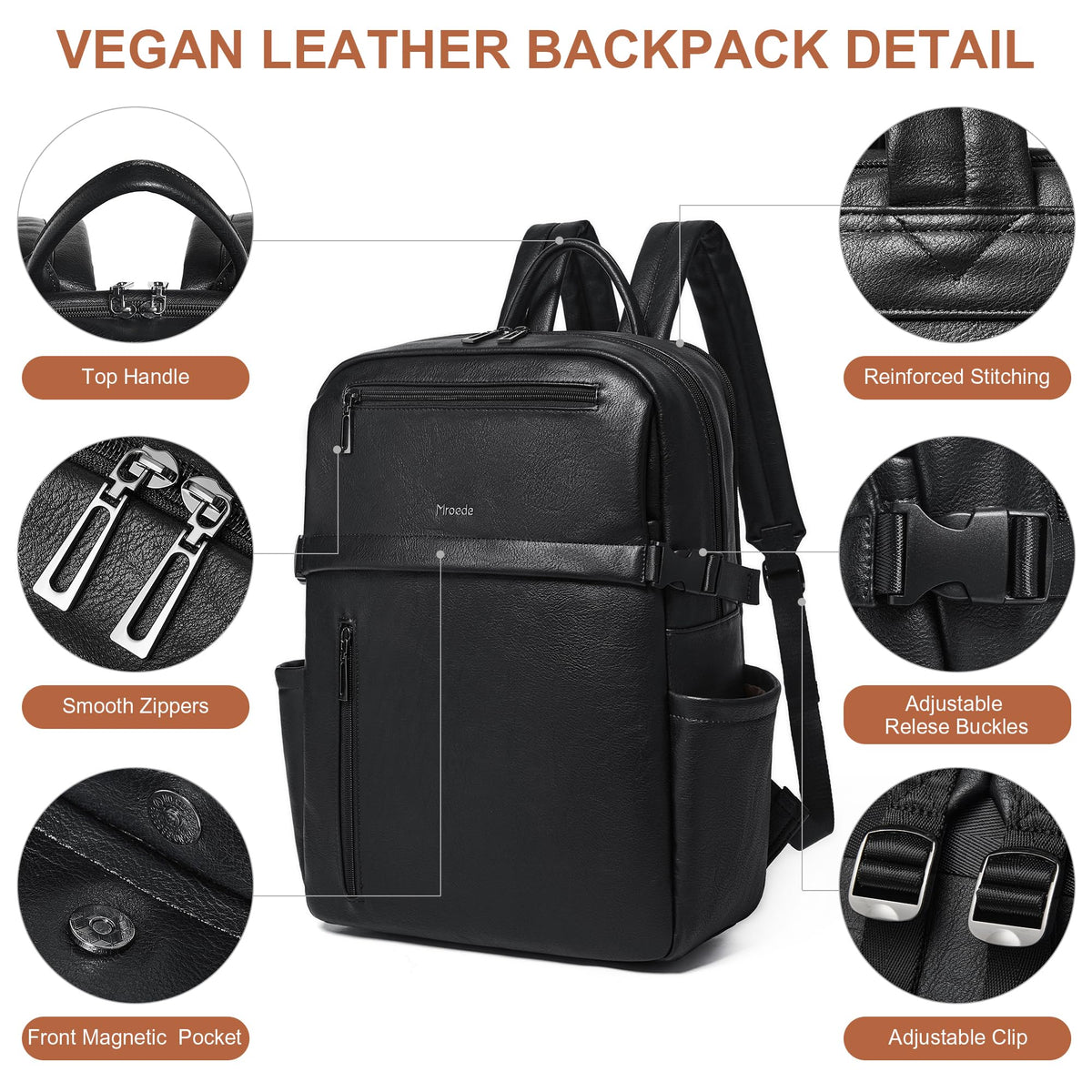Mroede Leather Laptop Backpack for Women, 15.6 Inch Laptop Travel Backpack Purse Large Capacity Computer Bag, Casual Daypack Nurse Bag College Bookbag for School, Black