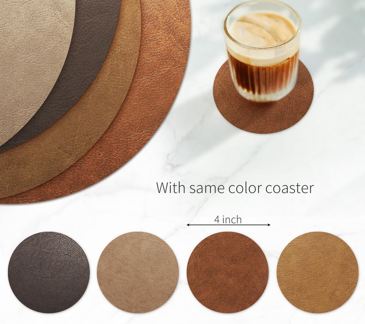 RENMTURE Faux Leather Placemats Set of 4,with 4 Cup mat,Washable, for Kitchen Dining Table,Restaurant,Coffee Shop (Walnut Brown, Round)