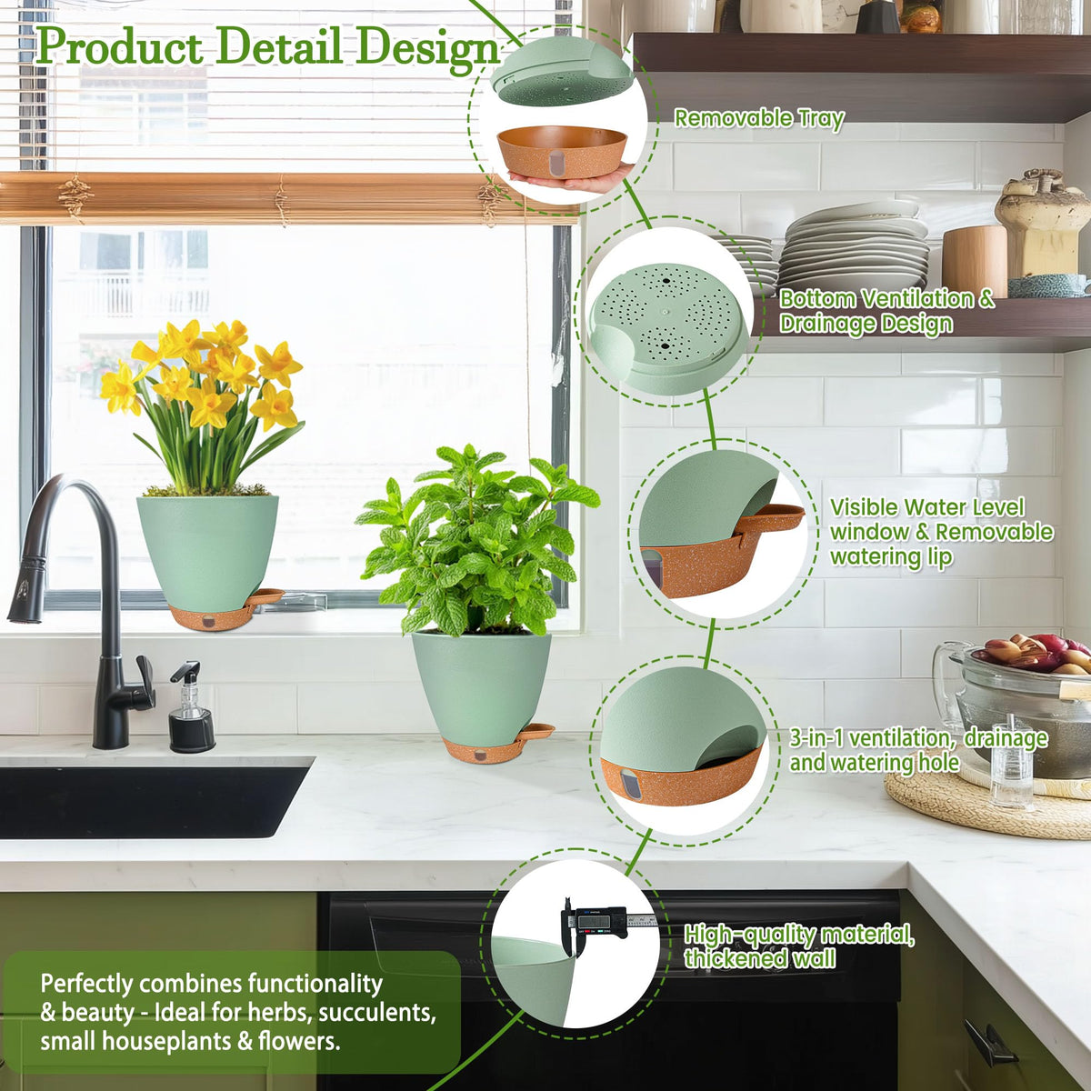 Fielda 6 Inch Self Watering Pots for Indoor Plants (5-Pack) & 2 Pack 10 inch Plant Pots,Plastic Planters with Drainage Holes, Deep Reservoir, Water Level Indicator, Modern Decorative Flower Pot
