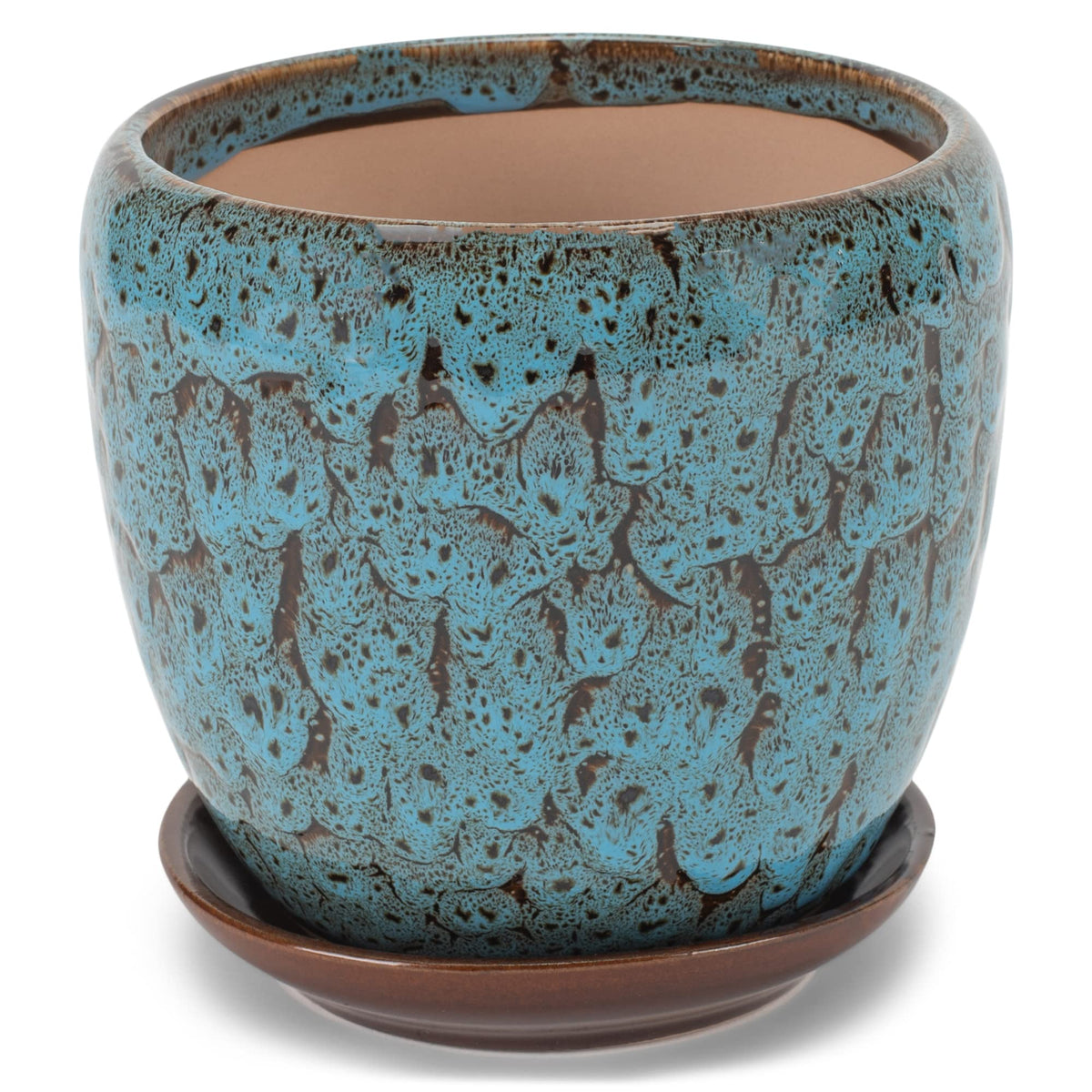 Napco Mottled Teal and Black 4.5 Inch Ceramic Flower Pot Planter with Saucer
