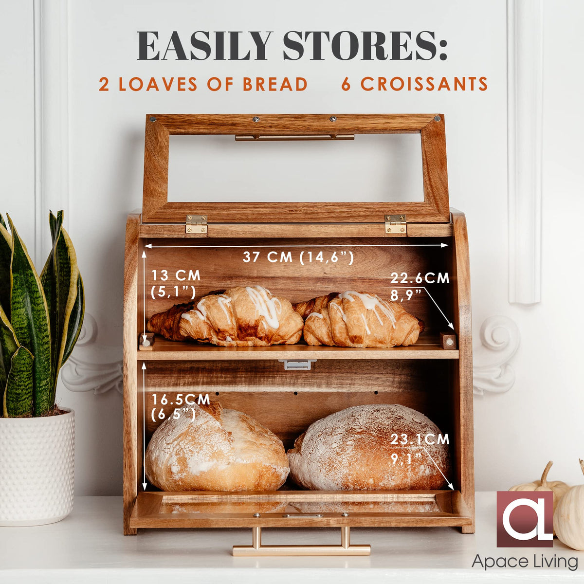 Arise Stylish Acacia Bread Box for Kitchen Countertop, Extra Large 2-Shelf Wooden Bread Storage Container with Clear Windows and Air Vents Keep Bread, Bagels and Rolls Fresh, Self Assembly