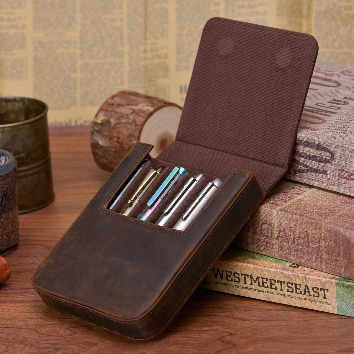 Lanxivi Genuine Leather Fountain Pen Case 6 Slot Crazy Leather Organizer, Portable Pen Bag Pouch Drawer Style