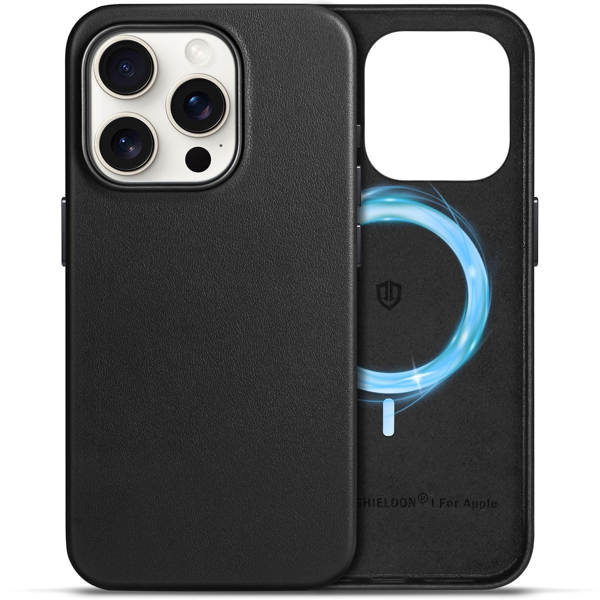 SHIELDON Genuine Leather Case for iPhone 15 Pro 6.1", Magnetic Wireless Charging - Slim Fit - Non-Slip - Metal Buttons - Shockproof Protective Phone Case Compatible with iPhone 15 Pro 2023 - Black