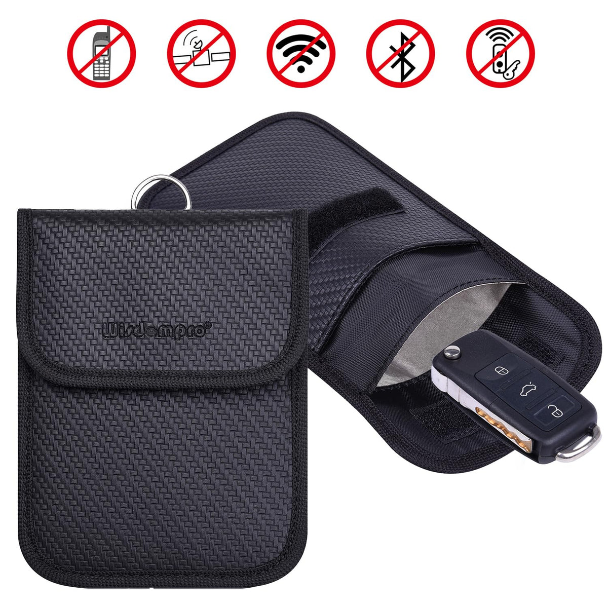 Wisdompro Faraday Pouch: RFID Blocking Anti-Theft Remote Key Protector, Black (2 Pack Pu Leather), Modern