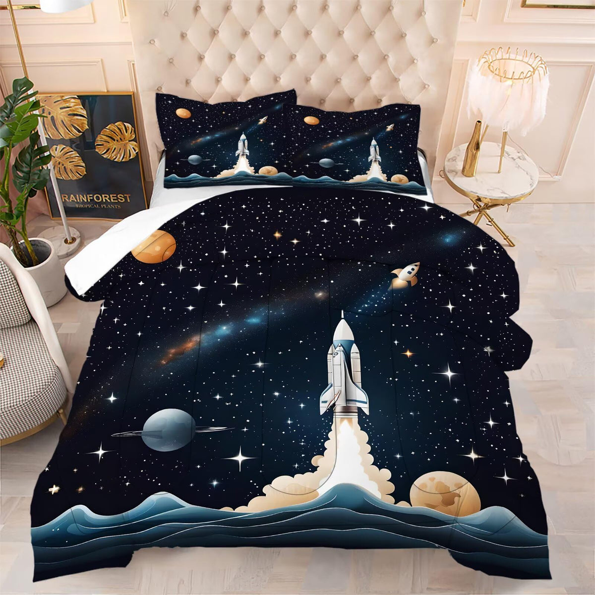 DJNEAR Space Comforter Set Full Size Blue Galaxy Bedding Sets for Kids Boys Girls Teens Adults Bedroom Starry Planet Rocket Quilt 1 Comforter 2 Pillowcases