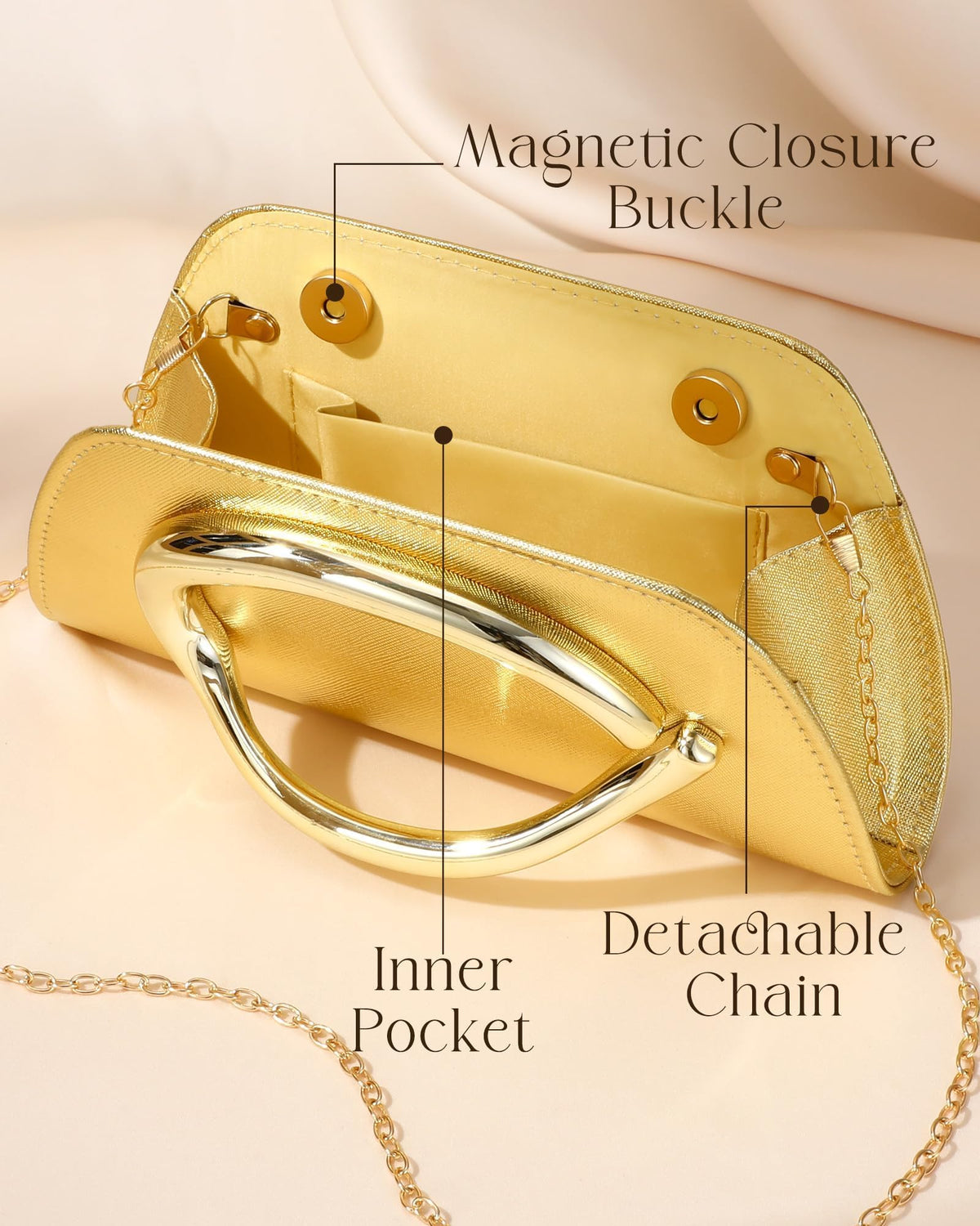 XquiziFit Gold Clutch PU Leather Clutch Purses for Women Metal Handle Evening Bag for Wedding Cocktail Party