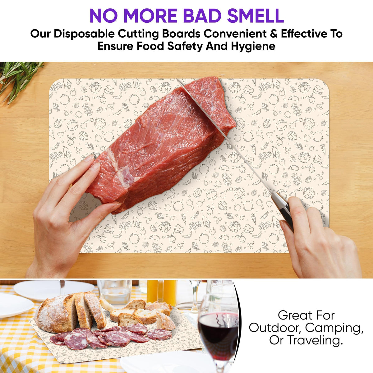 Purple Dot 30 Pack Disposable Cutting Board Sheets – Large Flexible Cutting Mats for Meat, Chicken, Fish & Vegetables – Portable Chopping Board Liners for Kitchen, Crafts, Art Projects & Camping