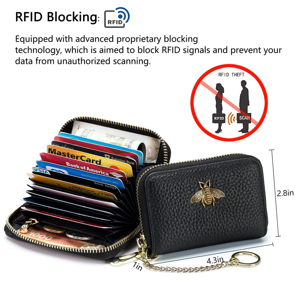 imeetu RFID Credit Card Holder, Small Leather Zipper Card Case Wallet with Keychain and ID Window for Women (Pro,Peacock Blue)