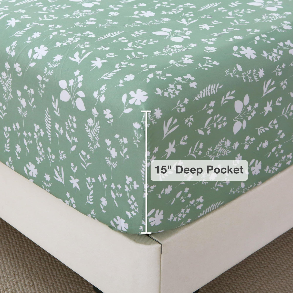 Viviland Sage Green Full Sheet Set - 4 Piece Vintage Green Flower Patterned Bed Sheets - Soft, Breathable Microfiber Floral Sheets with Deep Pocket, Non-Slip Fitted Sheets & Pillowcases