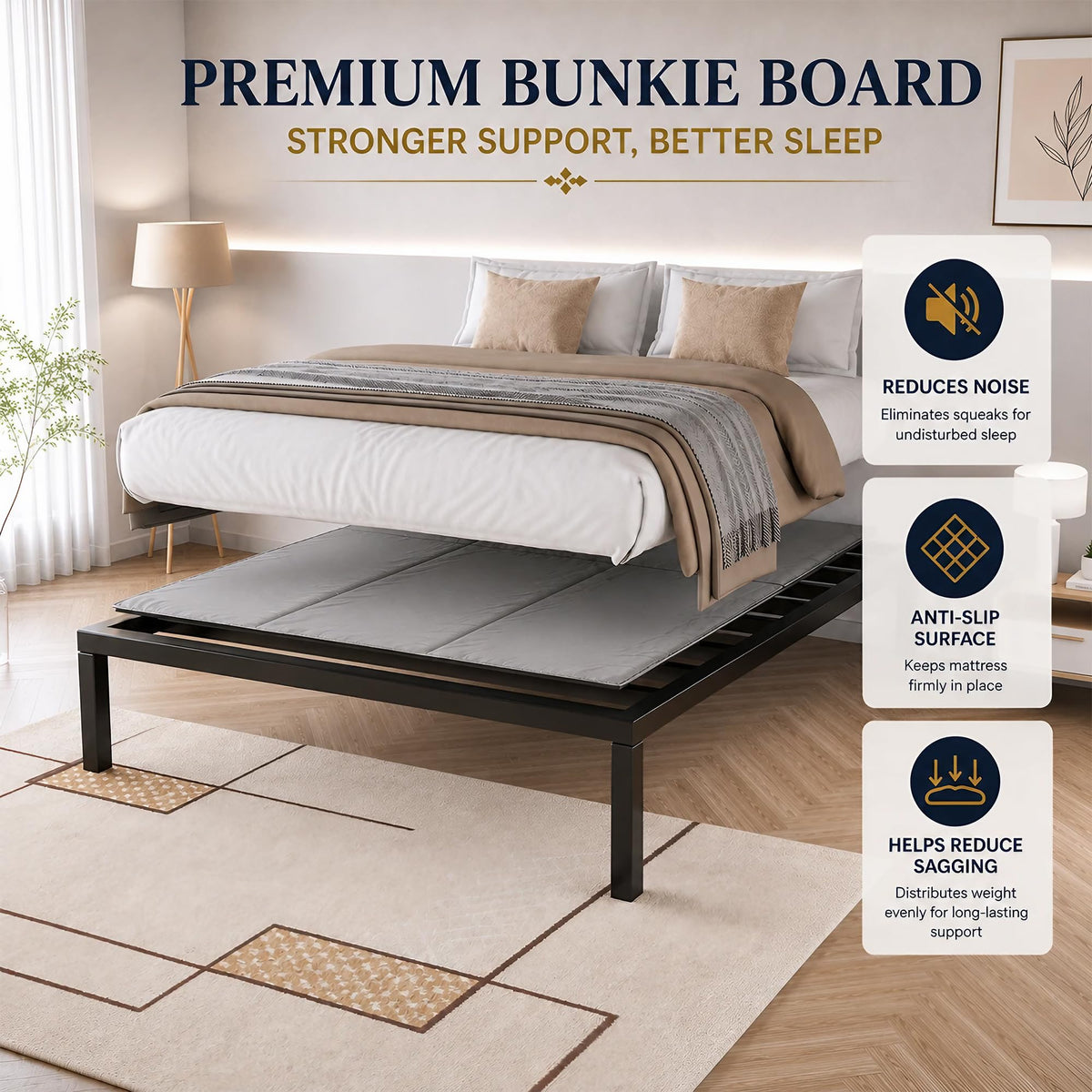 Treaton 15mm Bunkie Board Queen (60x80) – Heavy Duty Under Mattress Support, Low Profile Bed Support Board for Slatted Bed Frame, No Box Spring Needed, Noise Free, Non-Slip, Made in USA