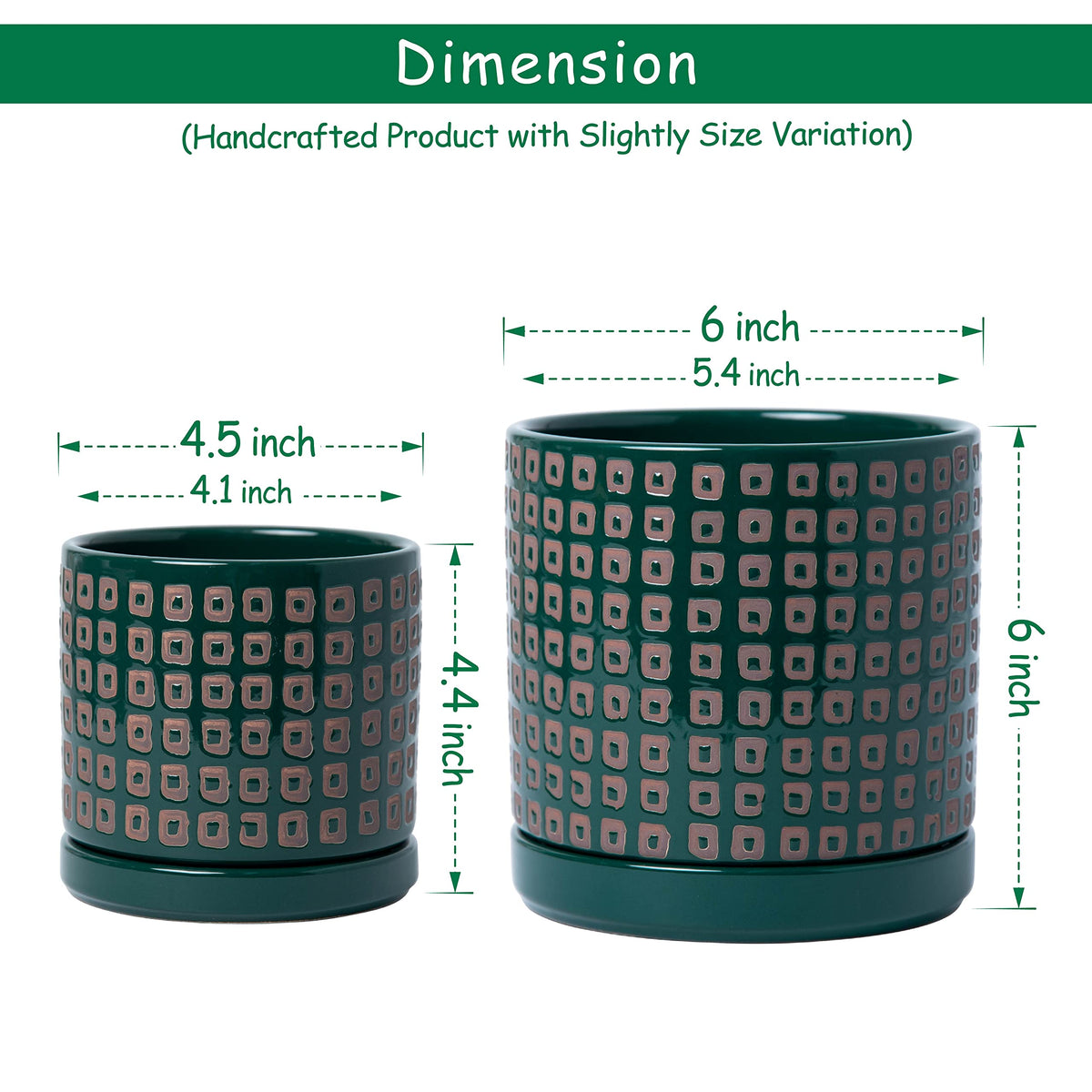 D'vine Dev Set of 2 Ceramic Planter Pots with Drainage Hole and Saucer, 4.5 Inch 6 Inch Plant Pots for Plants Indoor Houseplants, Green, 99-A-4