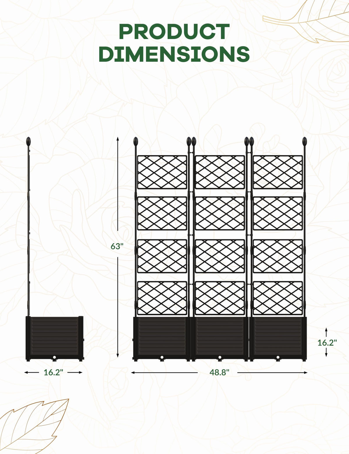 BouPower 3pcs Raised Garden Bed with Trellis, 63" h Tall Vertical Planter Box for Climbing Plants, Outdoor Garden Planter Box with Drainage Holes & Privacy Screen for Patio Balcony, Black