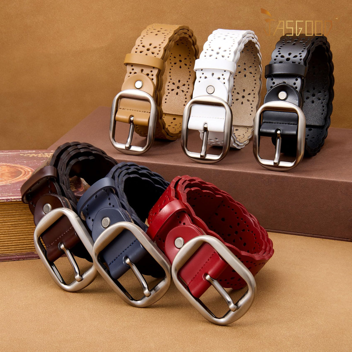 JASGOOD Women’s Hollow Flower Genuine Cowhide Leather Belt With Alloy Buckle needs dark brown and a size Waist Size 26-30 Inch