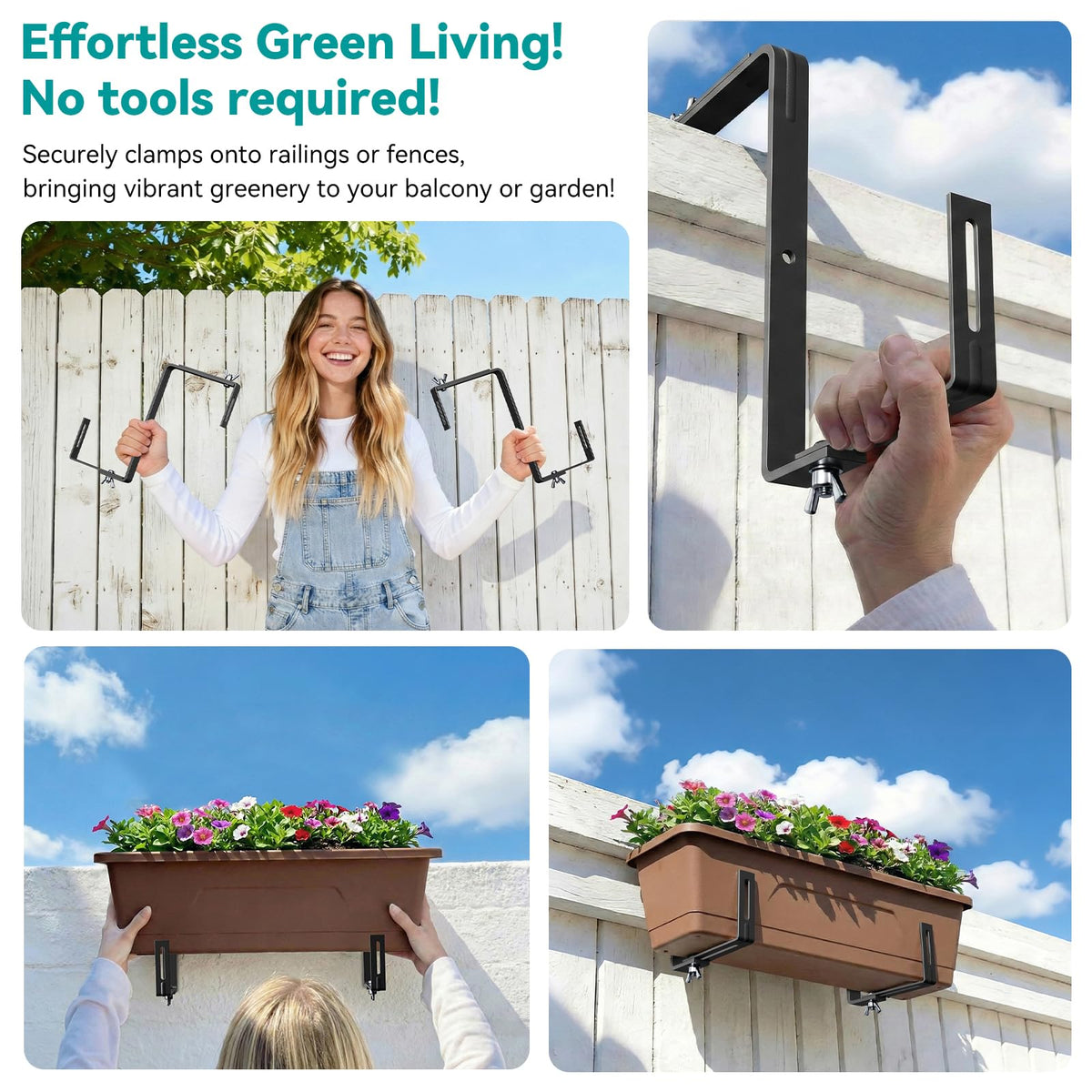 NBPUJ Adjustable Planter Box Brackets,Enhanced Bottom Support,Universal Outdoor Hanging Brackets,Flower Box Brackets for Fence Railings, Windowsill, Patio, Garden,Balcony. (Black)