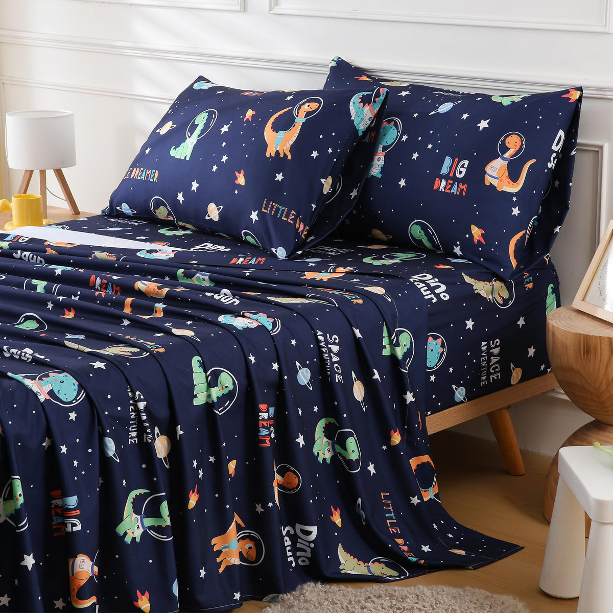 CIMVI Kids Full Size Bed Sheets Dinosaur Space Sheet Sets for Boys 15-Inch Deep Pocket Fitted Sheet Soft Breathable Microfiber Bedsheet with Pillowcase Children Room Decor