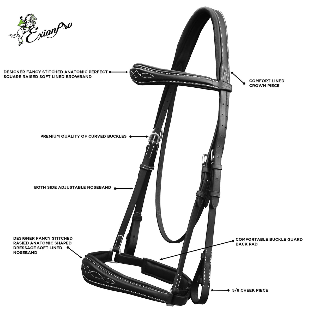Exion Dressage Horse Bridle: Soft Lining, Anatomic Shape & Designer Stitching on Browband and Noseband Comes with Web Reins Equipped with a Hand-Stopper | Dressage Bridle for Horses