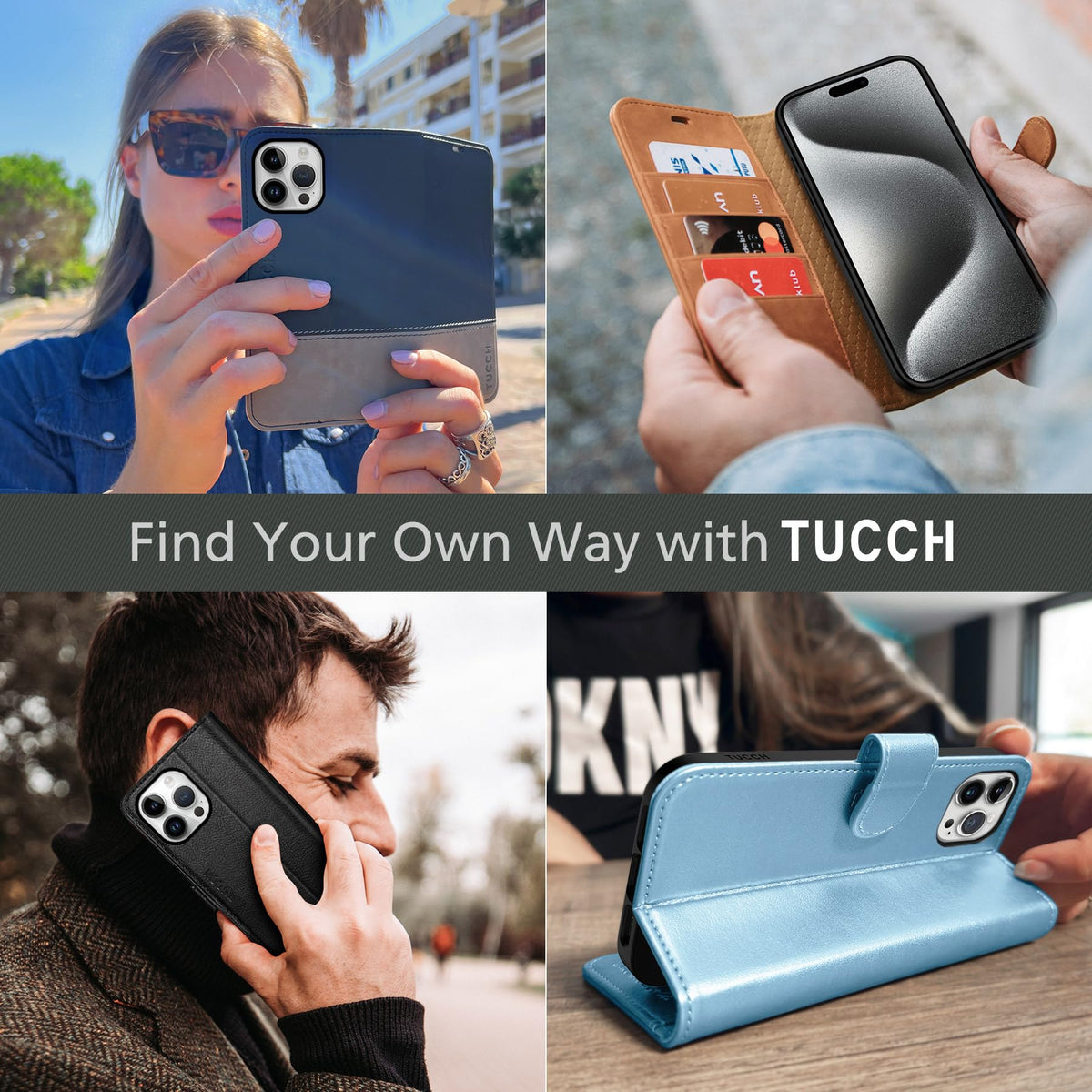 TUCCH Case Wallet for iPhone 15 Pro Max, RFID Blocking 4 Card Holder Kickstand Shockproof TPU Inner Case, PU Leather Magnetic Flip Folio Cover, Black