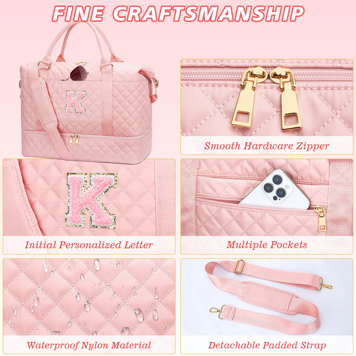 CLOUDWINGS Gifts for Women Girls Initial Travel Duffle Bag Quilted Weekender Carry-On Overnight with Cosmetic Bag, Gym Bag with Shoe Compartment, Pink K