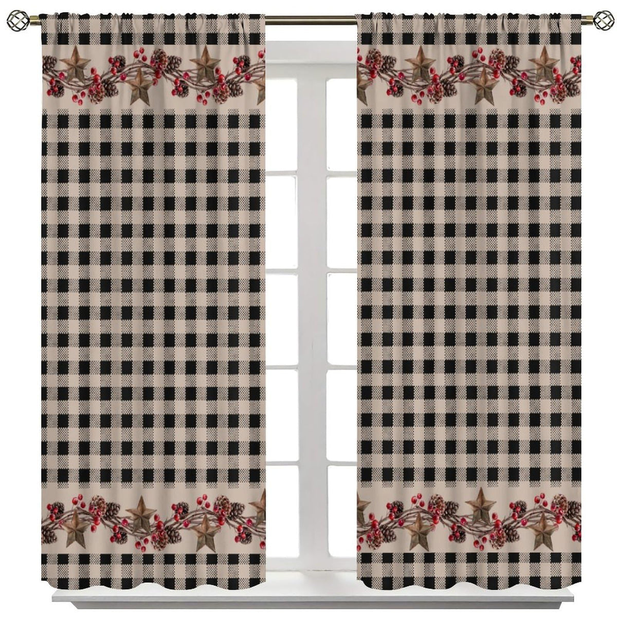 Nanacur Rustic Farmhouse Curtains, Vintage Country Black White Buffalo Plaid Pine Cone Berry Western Texas Print Window Treatments for Kitchen Bedroom Cafe, 42" W X 45" L