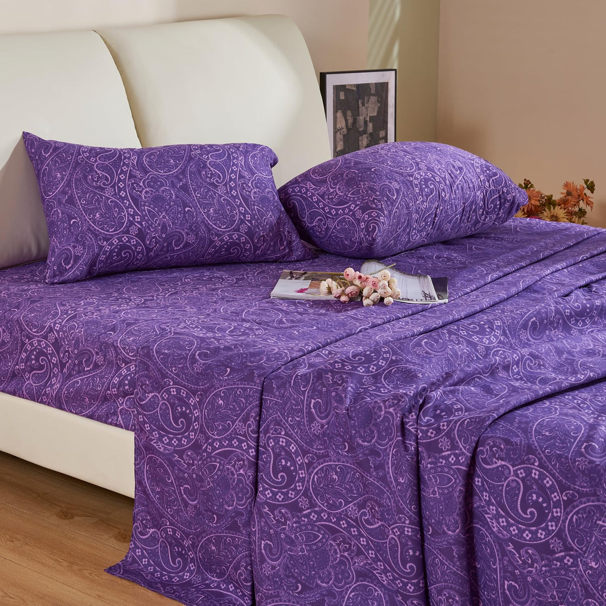 KACEMOO Cal King Sheet Set, California King Size Bed Sheets, Deep Pocket Purple Paisley Sheets Set, Soft Fitted Sheets Set Microfiber Breathable