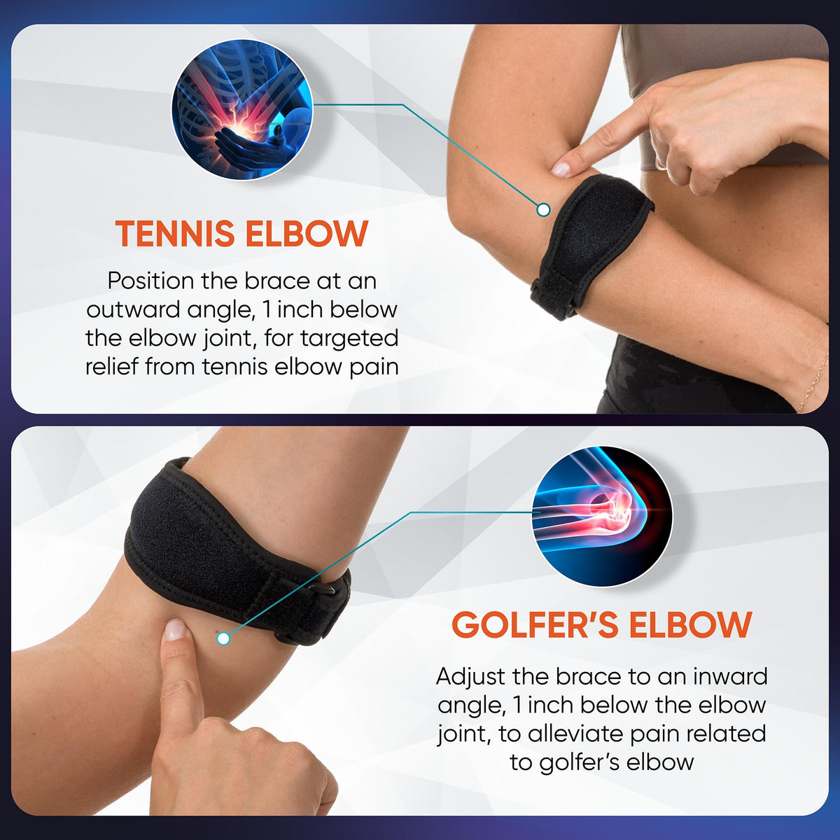 PhysFlex 2-Pack Elbow Brace for Men & Women, Adjustable Tennis & Golfer's Elbow Support Strap for Tendonitis Pain Relief - Compression Pad for Arm, Forearm, Tendon Pain Relief