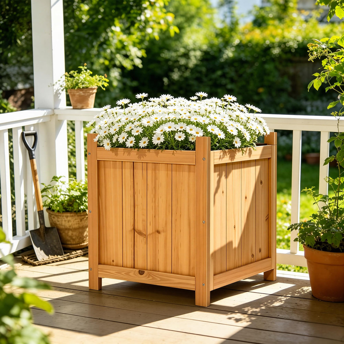 Ultym Set of 2 Wooden Planter Boxes Outdoor, 16.1" Square Fir Wood Flower Planters with Liner, Drainage Holes & Removable Bottom Board, Natural Wood Outdoor Bucket Planter for Patio Porch Yard Garden