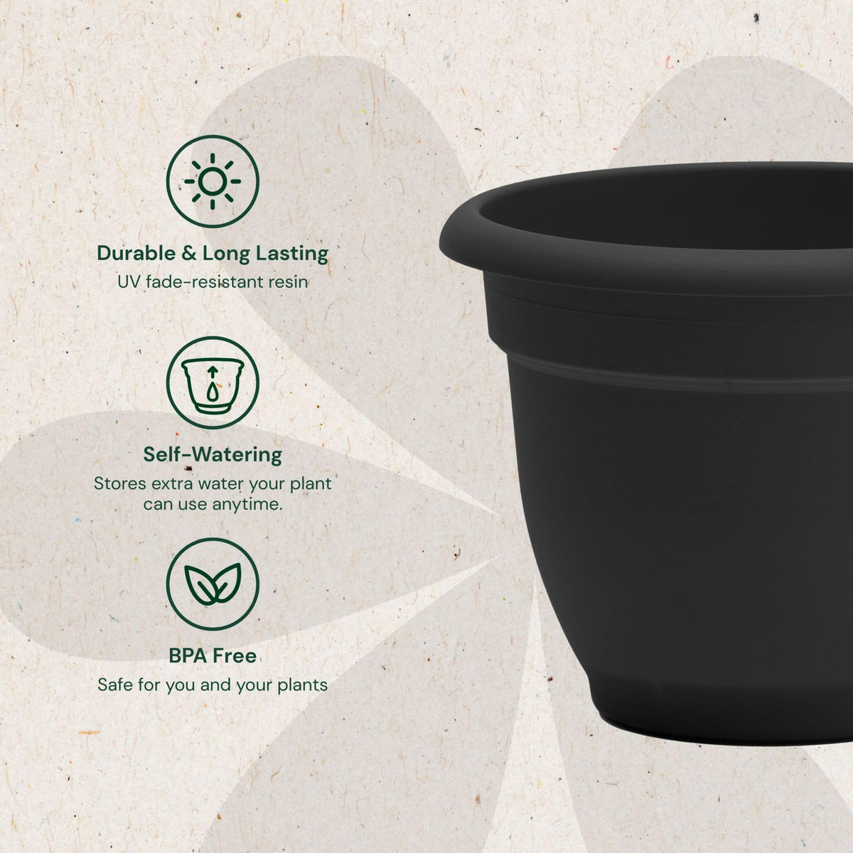 Bloem Ariana 12" Self-Watering Plastic Planter - Rolled Rim Indoor/Outdoor Garden Pot, Black, 2-Pack