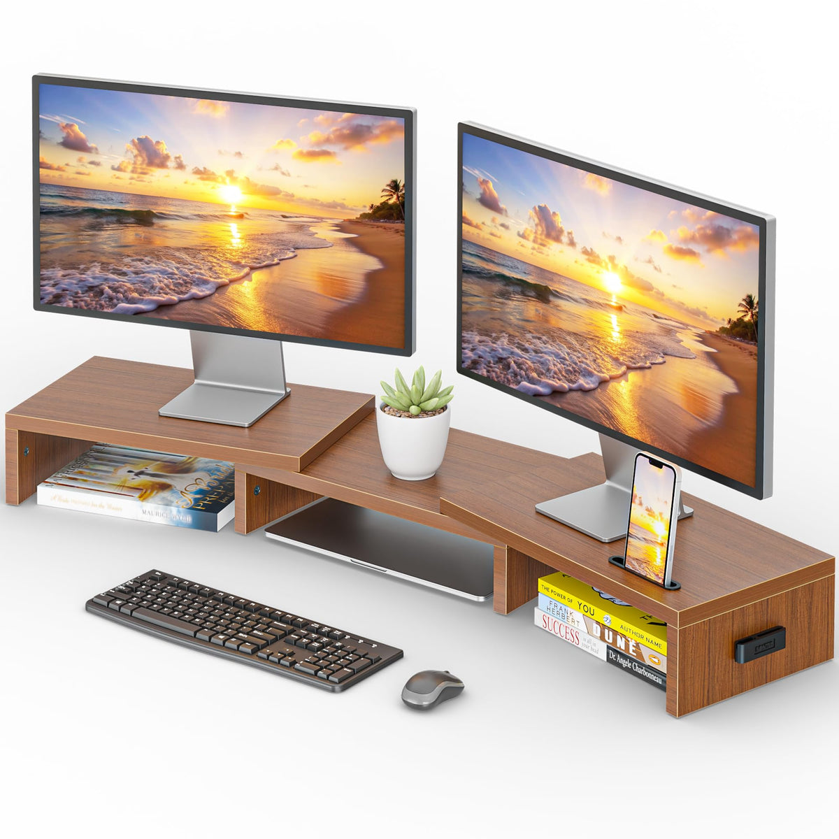 BONTEC Dual Monitor Stand Riser with Smartphone Holder, Adjustable Length & Swivel Angle, Ergonomic Wooden Desktop Organizer for PC Monitor, Laptop, Printer, Large Storage, Walnut