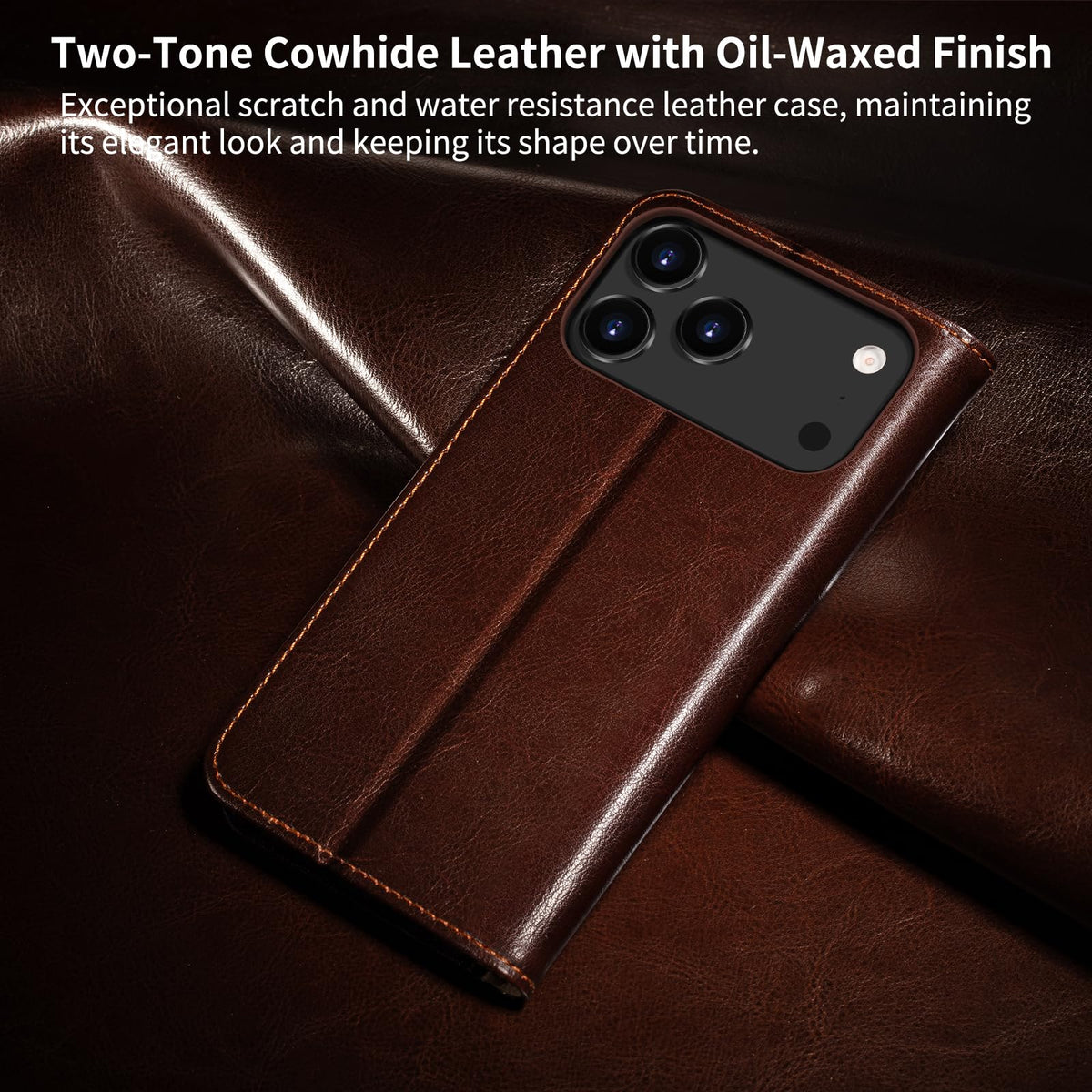 Belemay Leather Wallet Case Compatible with iPhone 17 Pro Max, Premium Cowhide Leather Two-Tone Effect, RFID Blocking Card Holders, Shockproof TPU Shell, Kickstand, Protective Flip Cover, 6.9", Brown