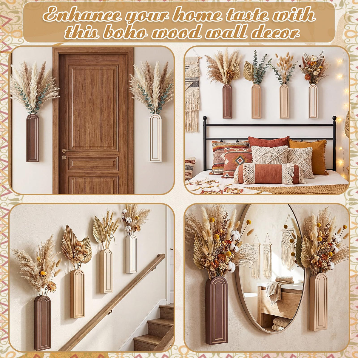 Ferrochef 4 Pack Wooden Wall Vase Set, Boho Hanging Planter Arched Vase Decor, Wood Wall-Mounted Plant and Flower Holders for Modern Farmhouse Bathroom Living Room Entryway Rustic Decor